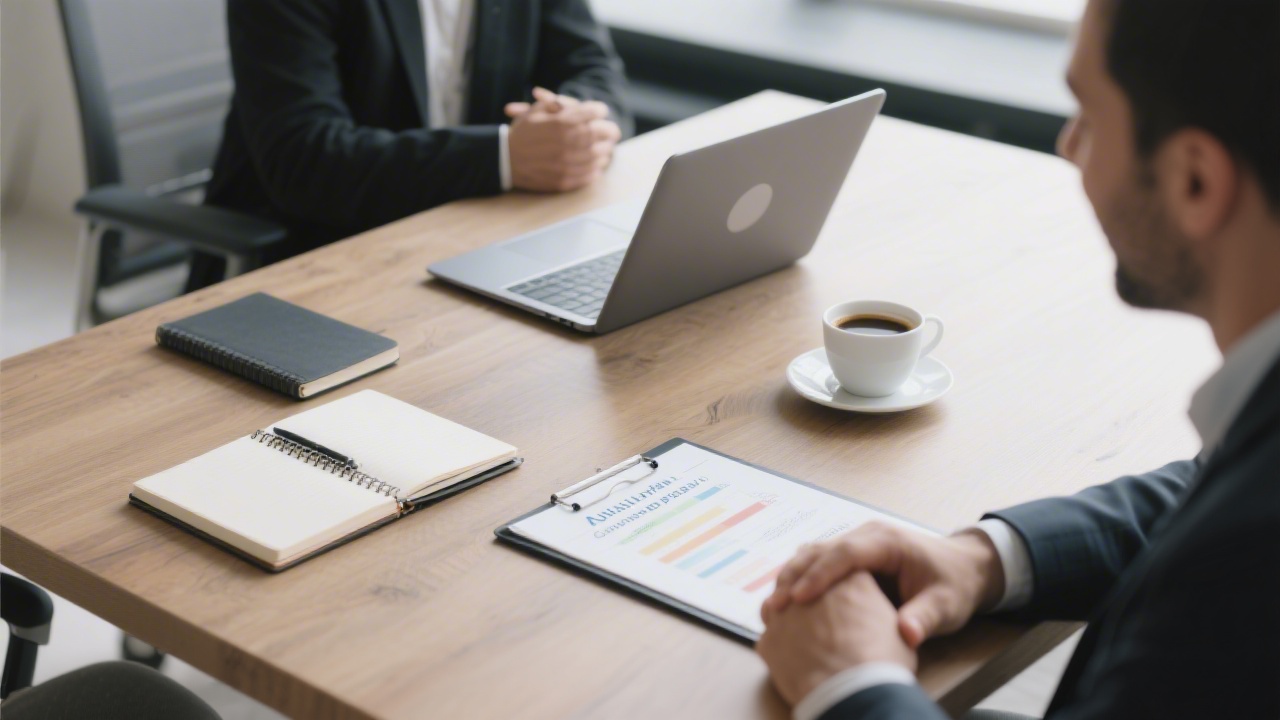 Consultation table with notebooks, laptop, and a cup of coffee, showing a friendly business meeting setup ready for discussing affiliate program goals and next steps.