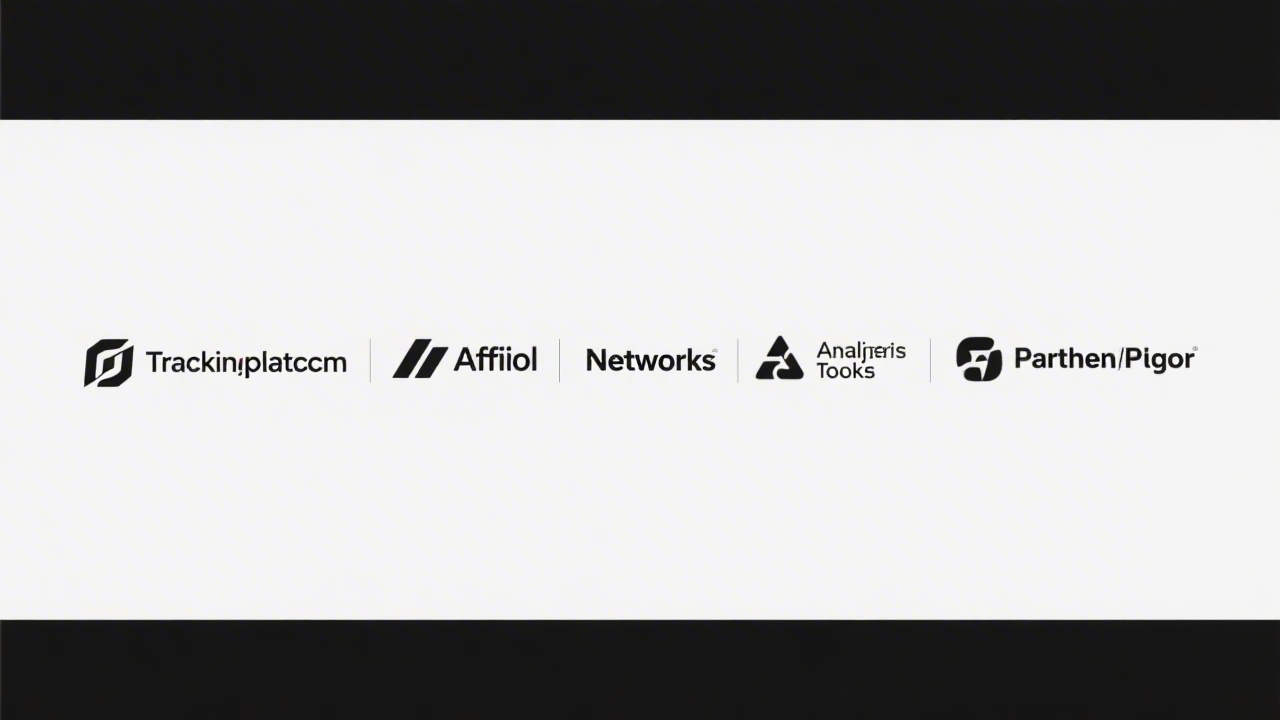 Horizontal strip of partner platform logos in monochrome style, representing tracking platforms, affiliate networks, and analytics tools aligned in a clean row.