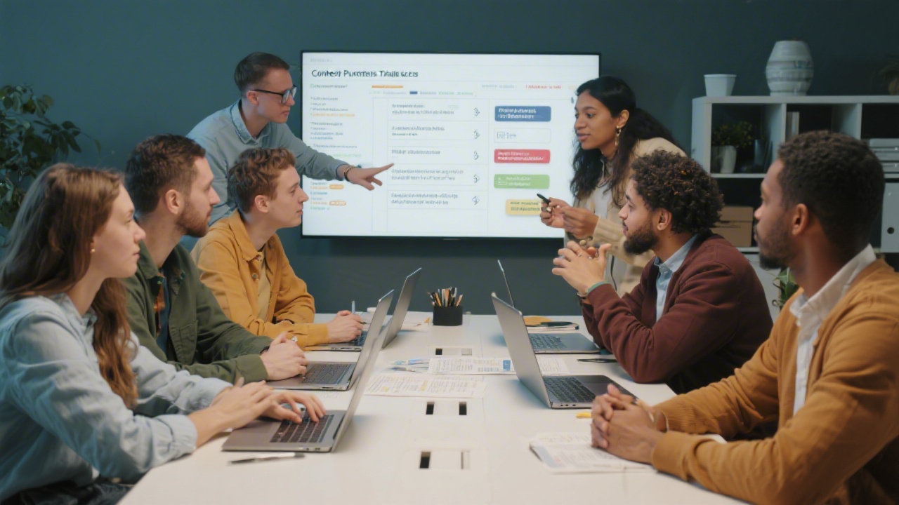 Diverse group of content publishers and affiliate managers collaborating around a table with laptops, showing planning of traffic sources, promotions, and affiliate onboarding steps.
