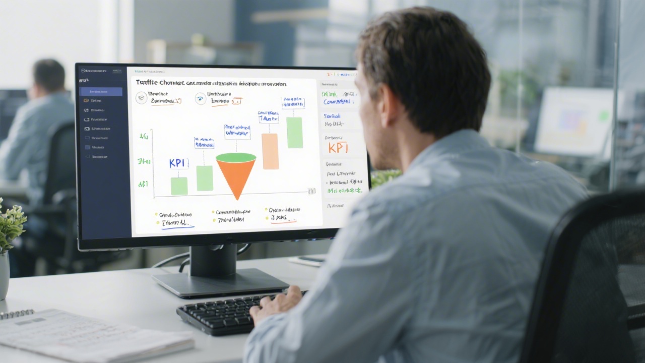 Analyst reviewing traffic channels and conversion funnel on large monitor, with notes about optimization tasks and KPI targets, focusing on continuous improvement.