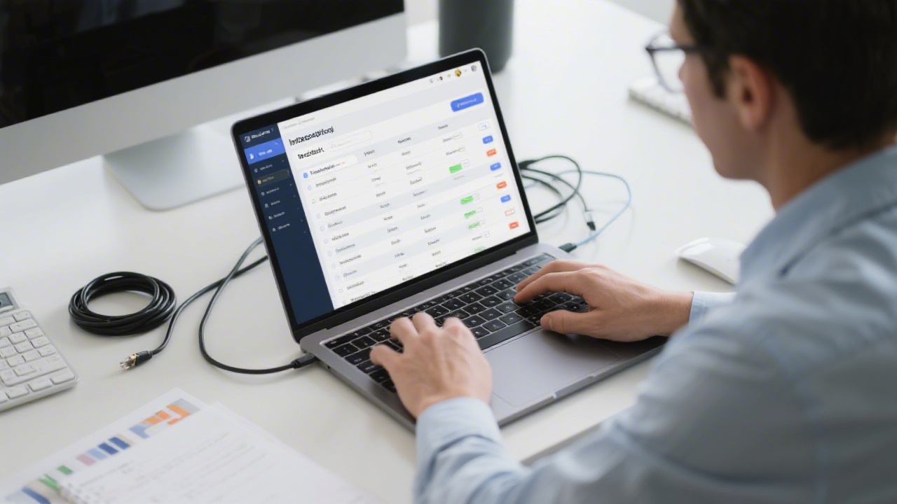 Affiliate manager setting up tracking platform on a laptop with open integration checklist, cables, and a clean desk, illustrating technical onboarding phase for a new program.